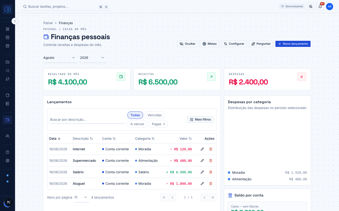Tela de Finanças no Ruphus.Work